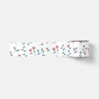 Ruban En Satin Motif floral à petits cœurs roses sur fond blanc