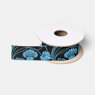 Ruban En Satin Motif floral antique noir sur bleu