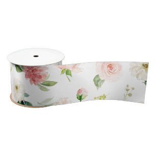 Ruban En Satin Motif floral aquarelle rose poudré