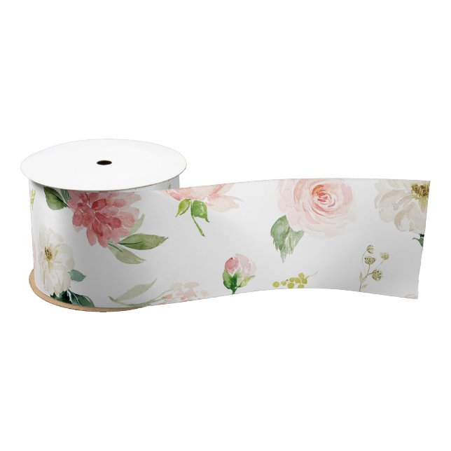 Ruban En Satin Motif floral aquarelle rose tendre (Bobine)