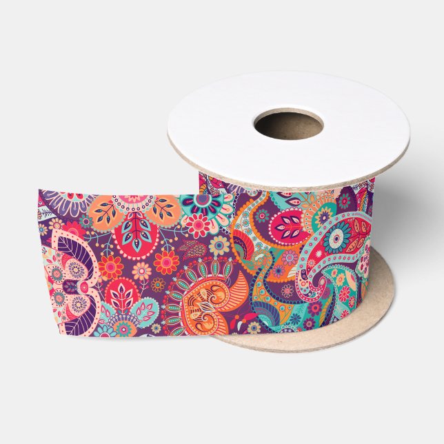 Ruban En Satin Motif floral au néon rose de Paisley (Bobine)