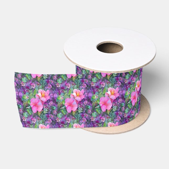 Ruban En Satin Motif floral botanique pourpre et rose (Bobine)