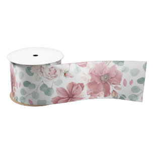 Ruban En Satin Motif floral et feuillage élégant Rose poudrée