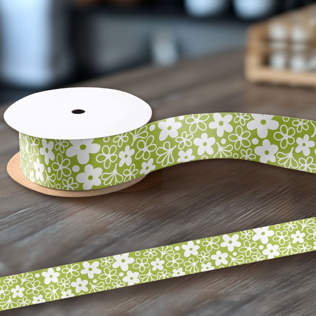 Ruban En Satin Motif fou Daisy en vert printemps (Custom Ribbon on a Roll - Personalize this ribbon with you text)
