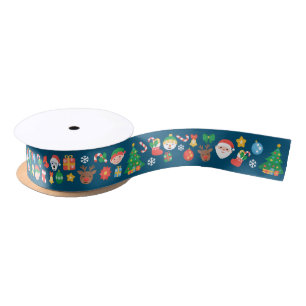 Ruban En Satin Motif gai de Noël sur le bleu