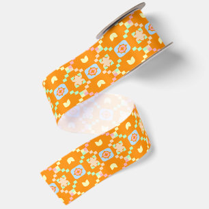 Ruban En Satin Motif géométrique pixel en pastel sur orange vibra