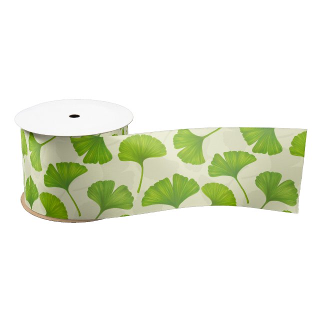 Ruban En Satin Motif Ginkgo sur blanc (Bobine)
