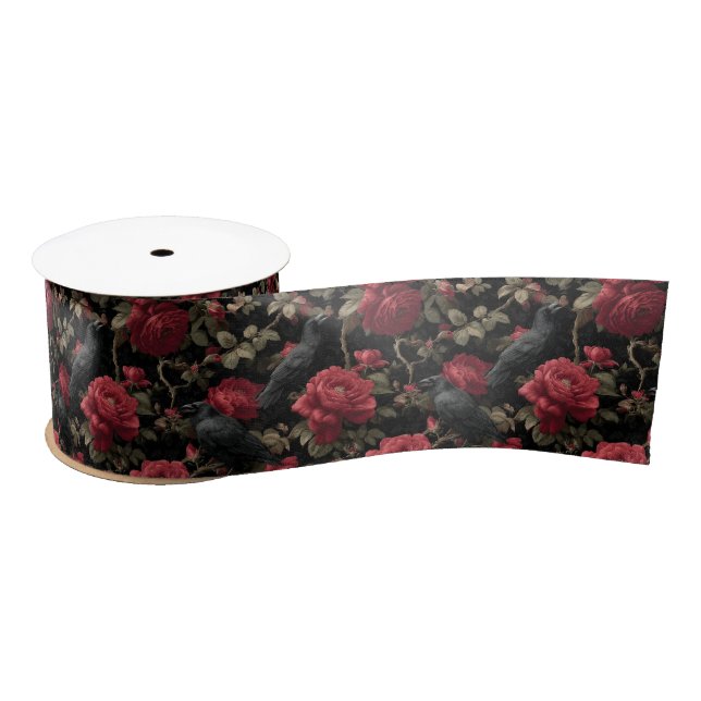 Ruban En Satin Motif gothique avec roses rouges et corbeaux (Bobine)