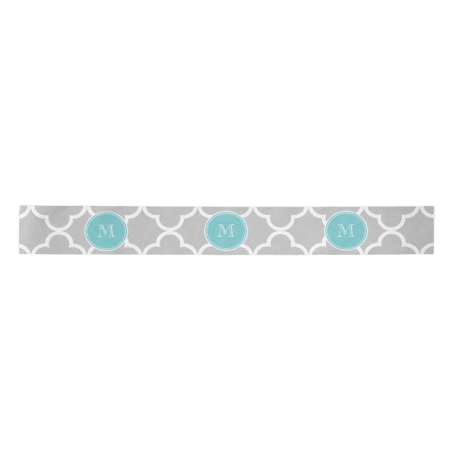 Ruban En Satin Motif gris de Quatrefoil, monogramme turquoise (Devant)