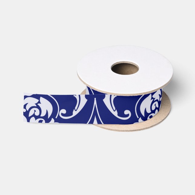 Ruban En Satin Motif lumineux de damassé de bleu marine (Bobine)