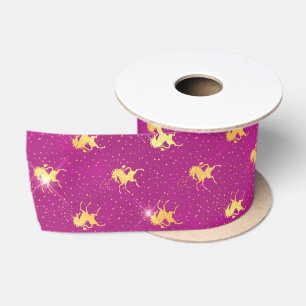 Ruban En Satin Motif Pailleté Licorne Dorée sur Magenta