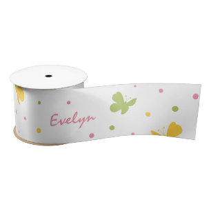 Ruban En Satin Motif Pastel Butterfly avec Fleurs et Nom