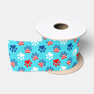 Ruban En Satin Motif Patriotique Rouge Blanc et Bleu Chien Paws
