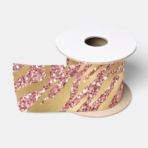 Ruban En Satin Motif rayures de tigre paillettes rose et or