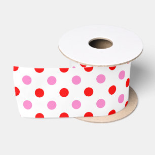 Ruban En Satin Motif Rouge et Rose sur Fond Blanc à Points