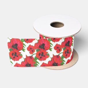 Ruban En Satin Motif rouge lumineux de pavots orientaux sur le