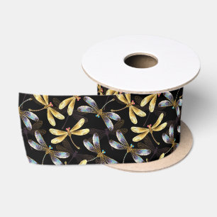Ruban En Satin Motif sans couture avec libellules d'or