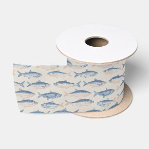 Ruban En Satin Motif sans couture de poissons dessinés à la main