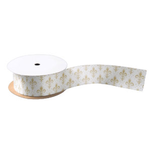 Ruban En Satin Motif sans soudure à fleur de lis or sur blanc