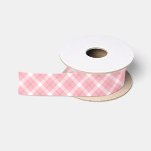 Ruban En Satin Motif Tartan Rose Et Blanc