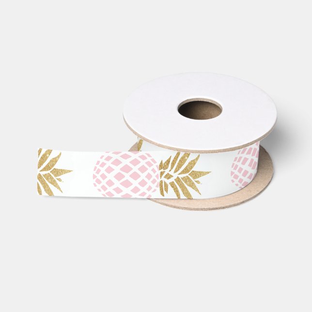 Ruban En Satin Motif tropical d'ananas d'or élégant de faux (Bobine)