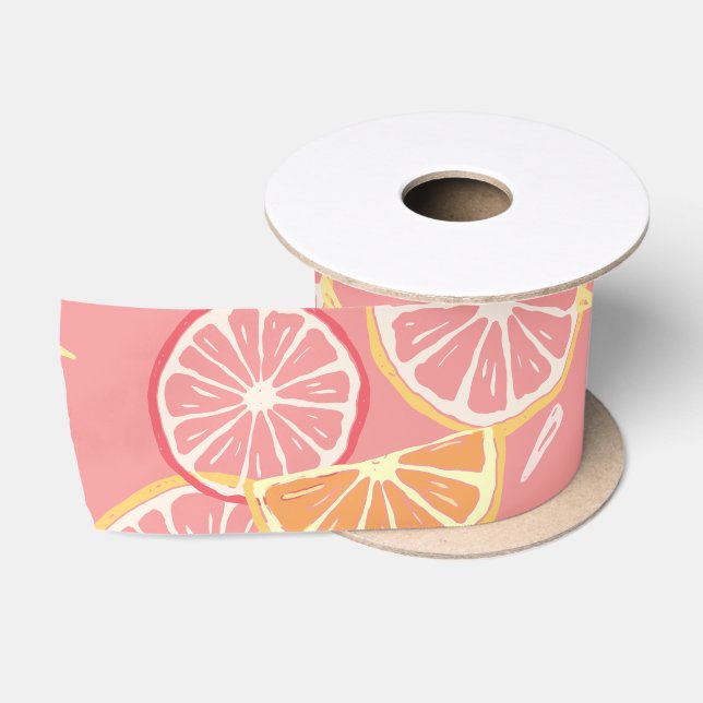 Ruban En Satin Motif tropical de pamplemousse rose et de citron (Bobine)