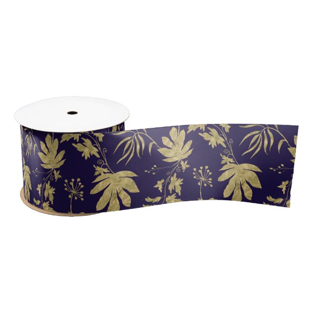 Ruban En Satin Navy Blanc Vert Feuille d'Or Mariage Printanier  (Bobine)