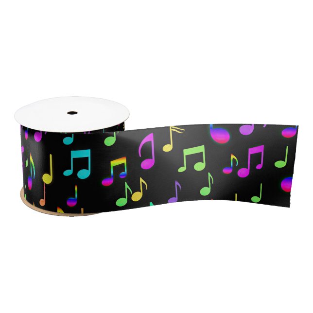 Ruban En Satin Neon Rainbow Notes musicales sur Black (Bobine)