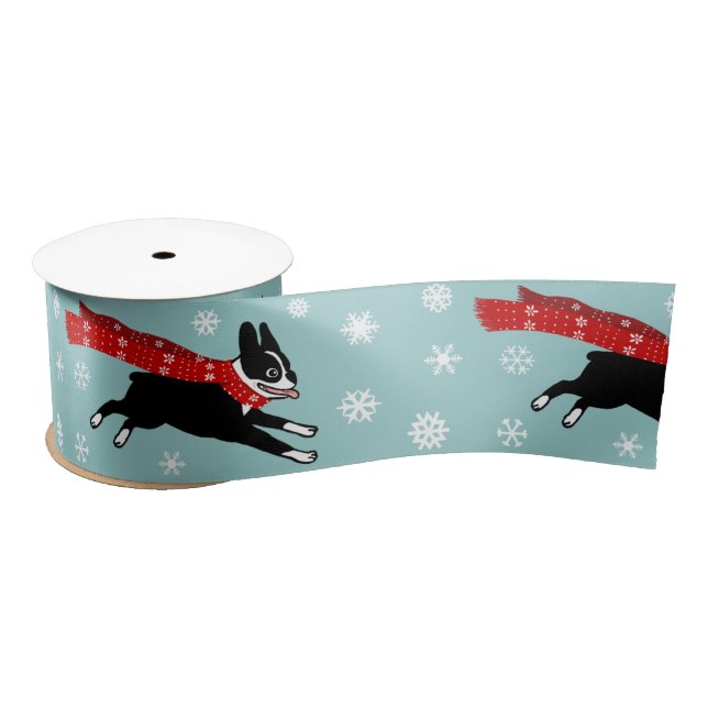 Ruban En Satin Noël à Boston Terrier avec des flocons de neige (Bobine)