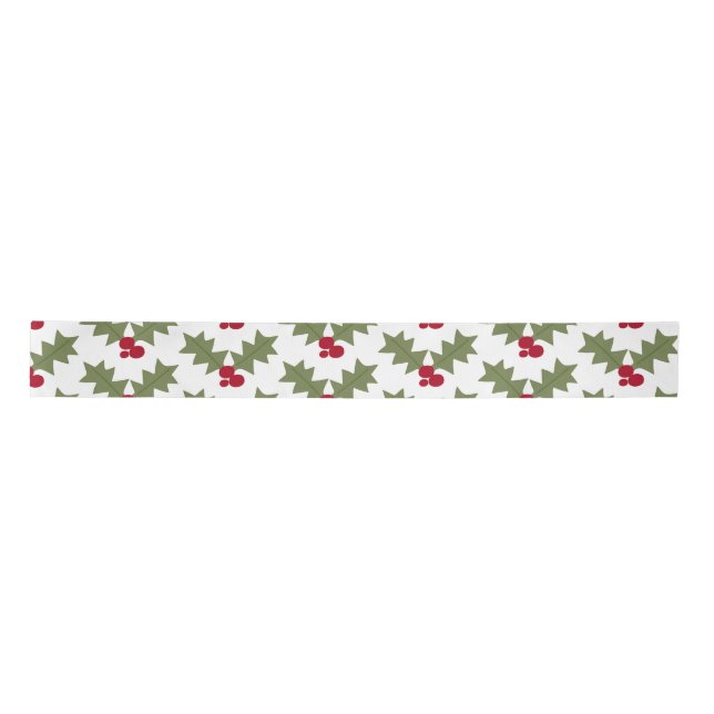 Ruban En Satin Noël Holly Red Berries Feuilles verts (Devant)