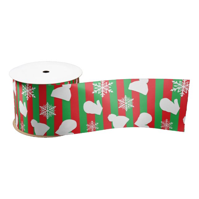 Ruban En Satin Noël Mittens, Casquettes d'hiver et Snowflakes Rou (Bobine)