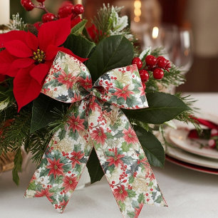 Ruban En Satin Noël motif de poinsettia et de houx à l'aquarelle