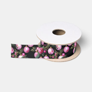Ruban En Satin Noël rose Floral Ornements & Camellias Noir