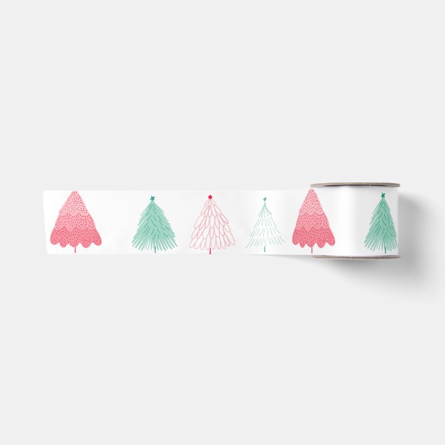 Ruban En Satin Noël Whimsical vert et rose Arbres (Devant)