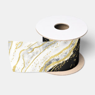 Ruban En Satin Noir Blanc & Or Géode Agate Marbre Mariage