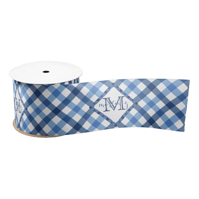 Ruban En Satin Nom bleu de monogramme de diamant de guingan au (Bobine)