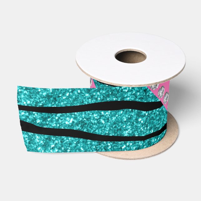 Ruban En Satin Nom parties scintillant turquoise zèbre rayures ro (Bobine)