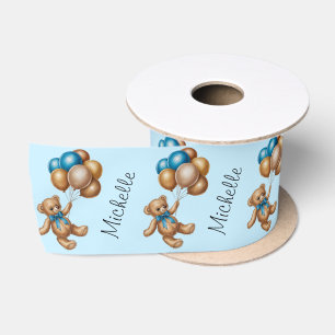 Ruban En Satin Nom personnalisé Cute Bear Gold Blue Ballons
