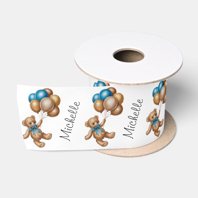 Ruban En Satin Nom personnalisé Cute Bear Gold Blue Ballons (Bobine)