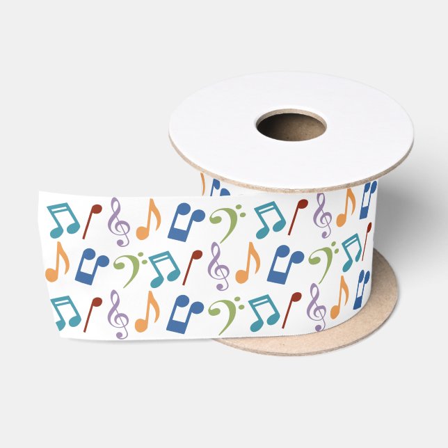 Ruban En Satin Notes de musique d'arc-en-ciel (blanches) (Bobine)