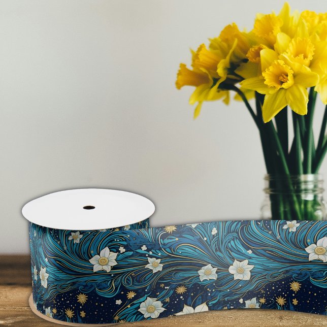 Ruban En Satin Nuit étoilée moderne & Lys blanc Floral (Créateur téléchargé)