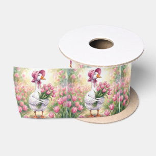 Ruban En Satin Oie Blanche Avec Tulipes Roses