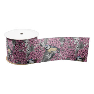 Ruban En Satin Oiseaux dans le jardin lilas rose