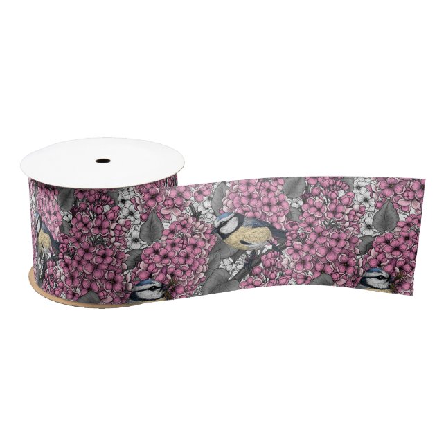 Ruban En Satin Oiseaux dans le jardin lilas rose (Bobine)
