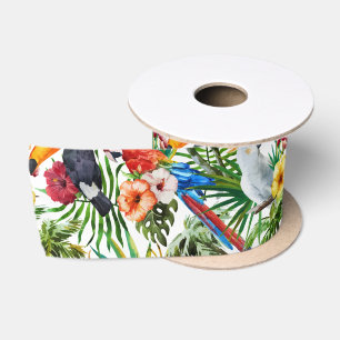 Ruban En Satin Oiseaux d'aquarelle et motif tropicaux de