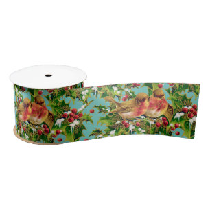 Ruban En Satin Oiseaux de Noël Vintage Holly Faux Motif d'or