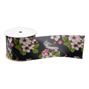 Ruban En Satin Oiseaux et fleurs en noir