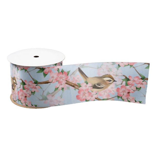 Ruban En Satin Oiseaux et fleurs. Motif de Spring (Bobine)