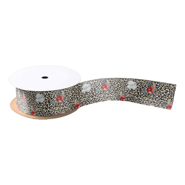 Ruban En Satin Or Empreinte de léopard Rouge Blanc Floral (Bobine)