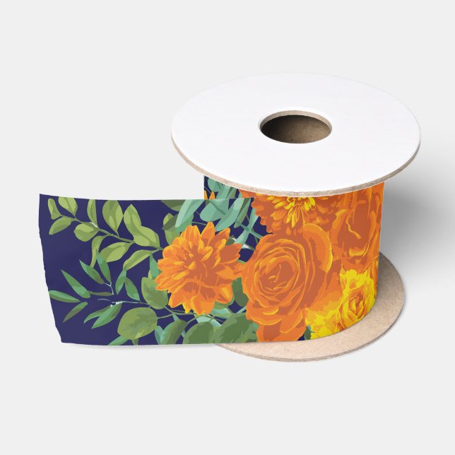 Ruban En Satin Orange & Marine Blue Peony & Rose Floral Mariage (Bobine)
